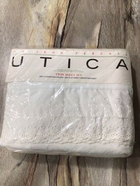 Vintage 90s Utica Twin Sheet Set White Lace Embroidered No Iron Percale USA NIP